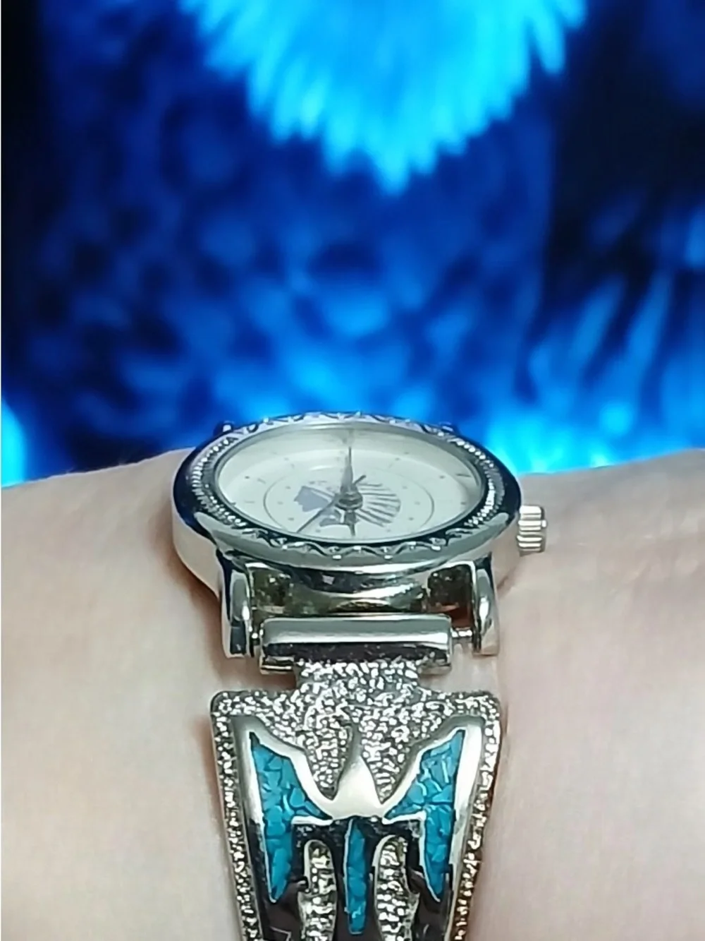 Silver Indian Chief Watch with Sterling Navajo Turquoise Inlay Thunderbird Tips